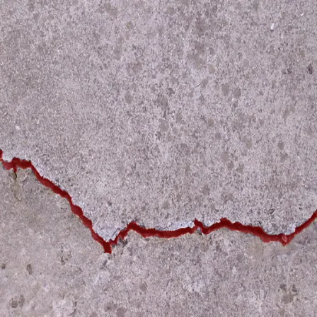 Concrete surface with a long crack; the model's crack mask is drawn over it in red